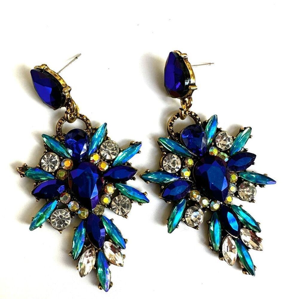 Blue and green rhinestone statement earrings